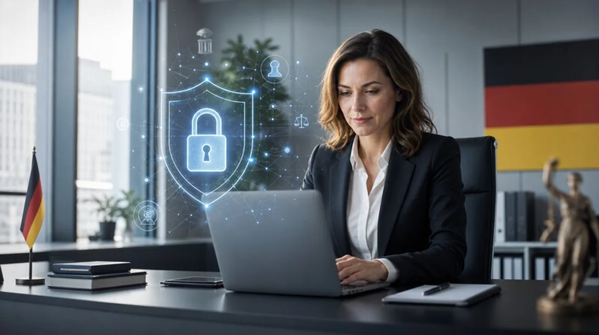 Onroerend goed-KI DSGVO-conform: Gegevensbescherming, grondwaarden & huurrecht voor investeerders Anwaeltin arbeitet DSGVO-konform am Laptop mit Datenschutz-Schild-Symbol und deutscher Flagge im Buero